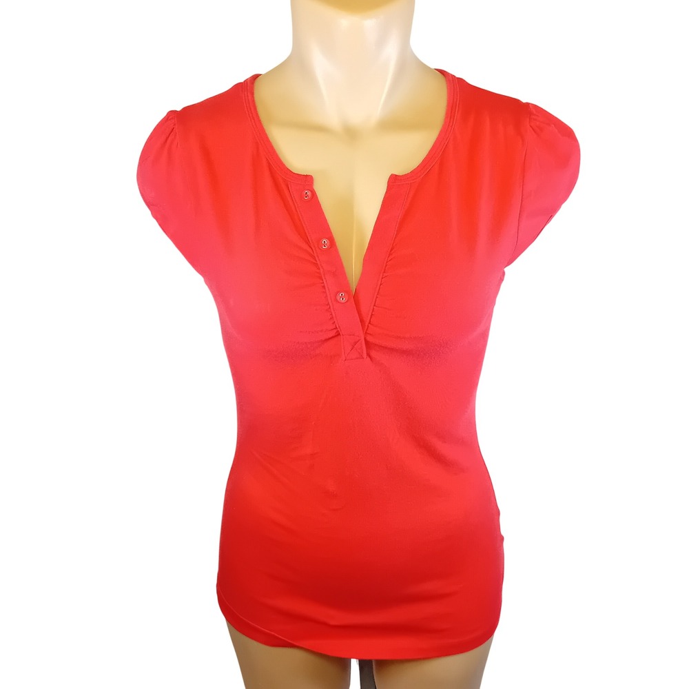 Vintage Y2K Juniors No Boundaries Henley Top Red Cap Sleeve Low Neck Button Up M